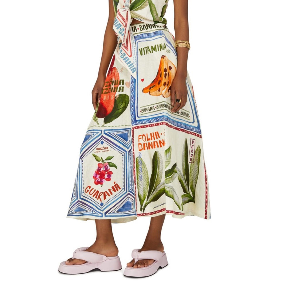 FARM RIO STAMPS BRAZIL PRODUCE LINEN MAXI SKIRT